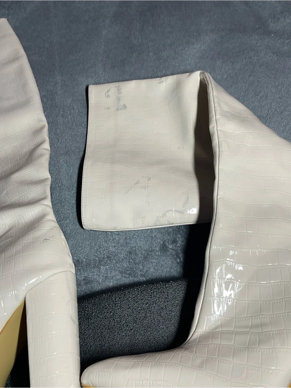 Fashion Nova Cream Croc-Texture Over-The-Knee Pointed Toe Boots